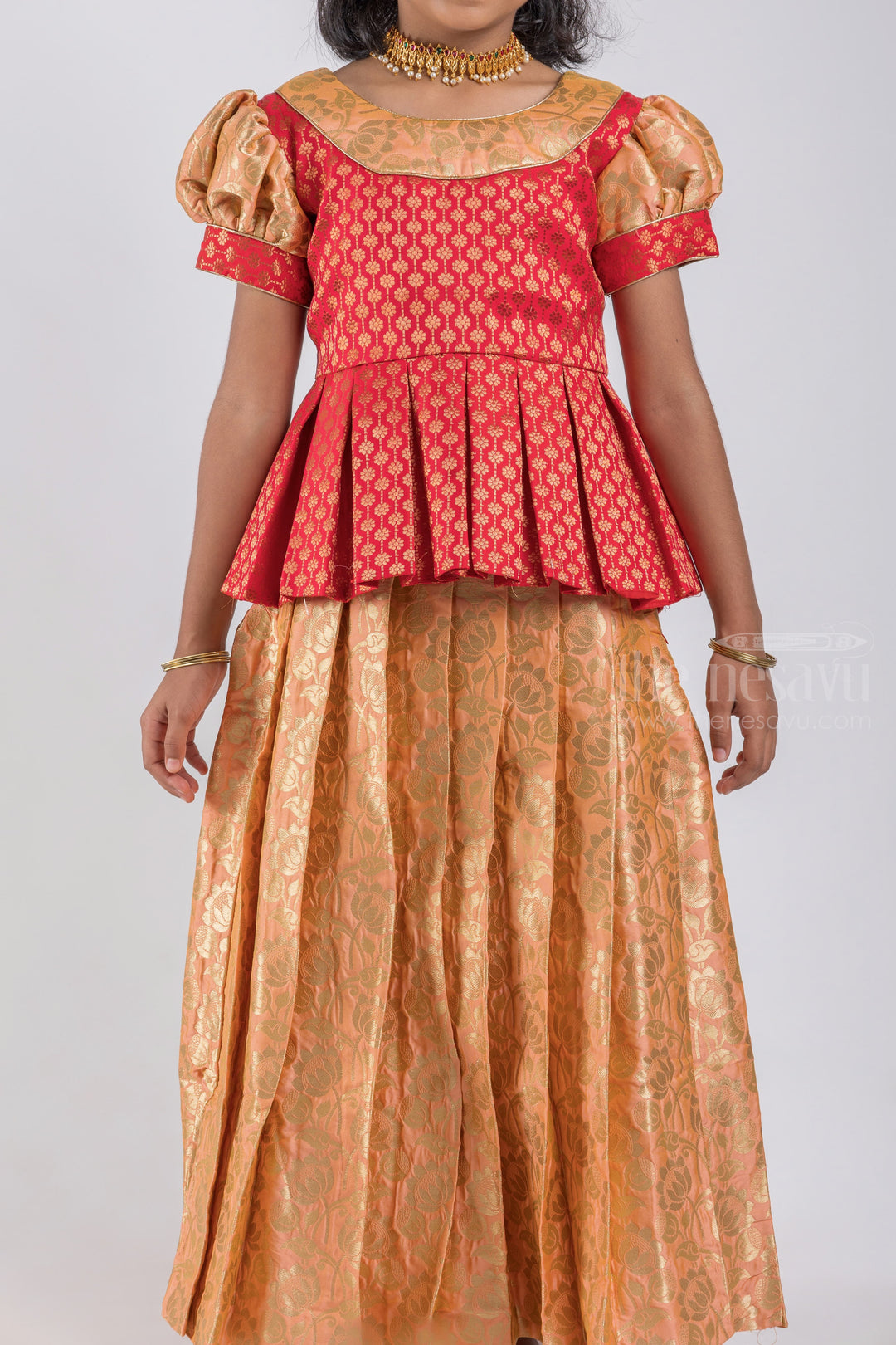 The Nesavu Pattu Pavadai Charming Red Floral Designer Pleated Skirt And Beige Pleated Pattu Pavadai For Girls psr silks Nesavu