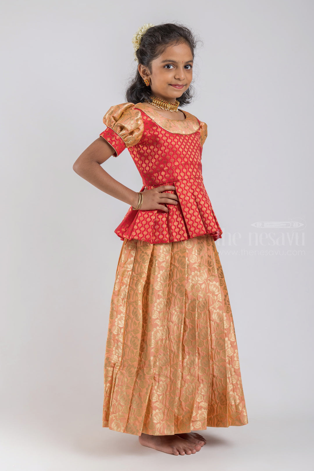 The Nesavu Pattu Pavadai Charming Red Floral Designer Pleated Skirt And Beige Pleated Pattu Pavadai For Girls psr silks Nesavu