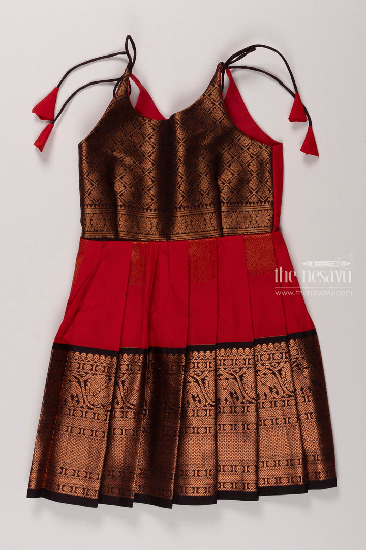 The Nesavu Tie-up Frock Charming Red Silk Tie-Up Frock for Trendy Occasions Nesavu 18 (2Y) / Red / Style 2 T350B-18 Buy Red Silk Tie Up Frock for Kids | Ethnic Pattern | Festive Wear | The Nesavu