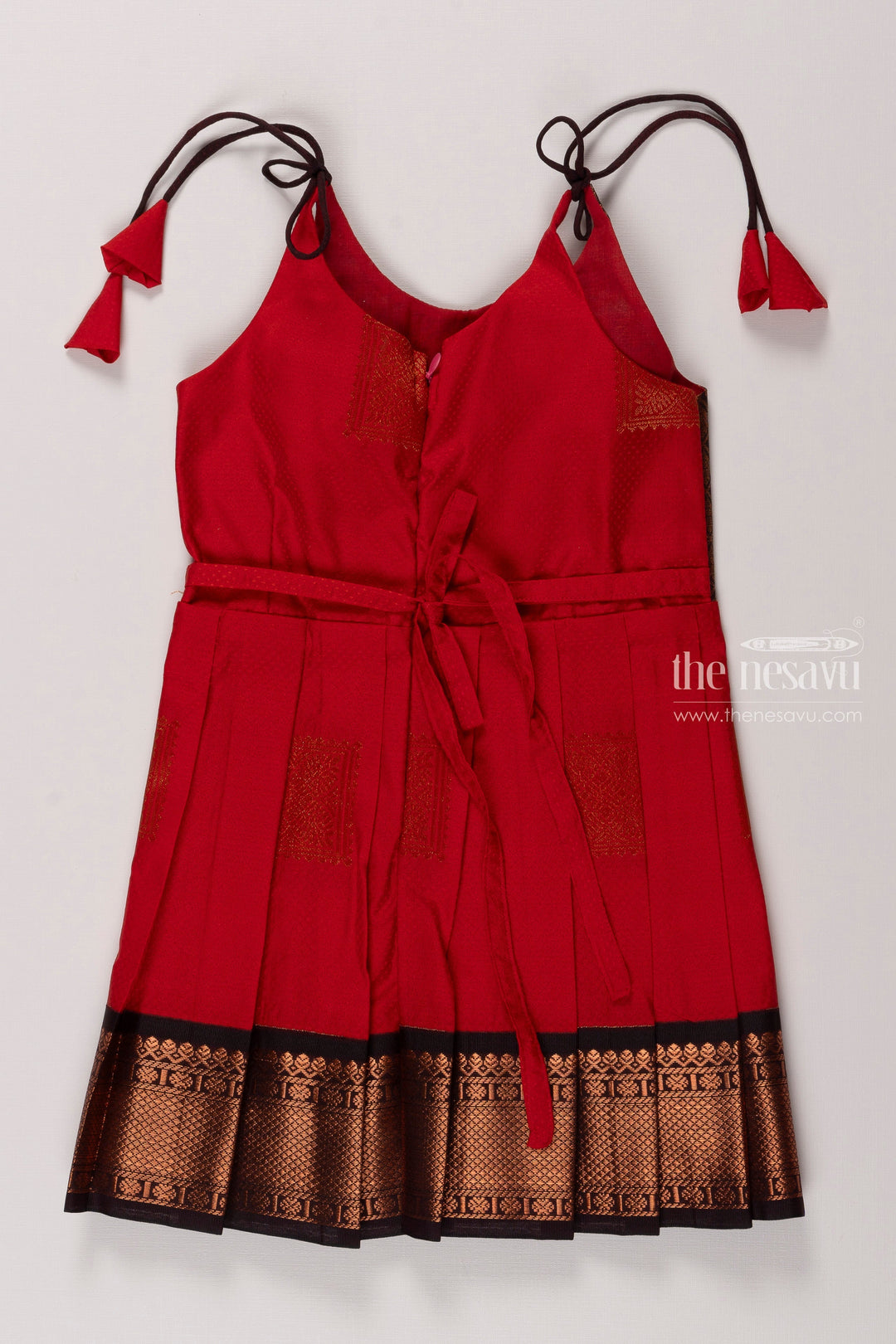 The Nesavu Tie-up Frock Charming Red Silk Tie-Up Frock for Trendy Occasions Nesavu Buy Red Silk Tie Up Frock for Kids | Ethnic Pattern | Festive Wear | The Nesavu