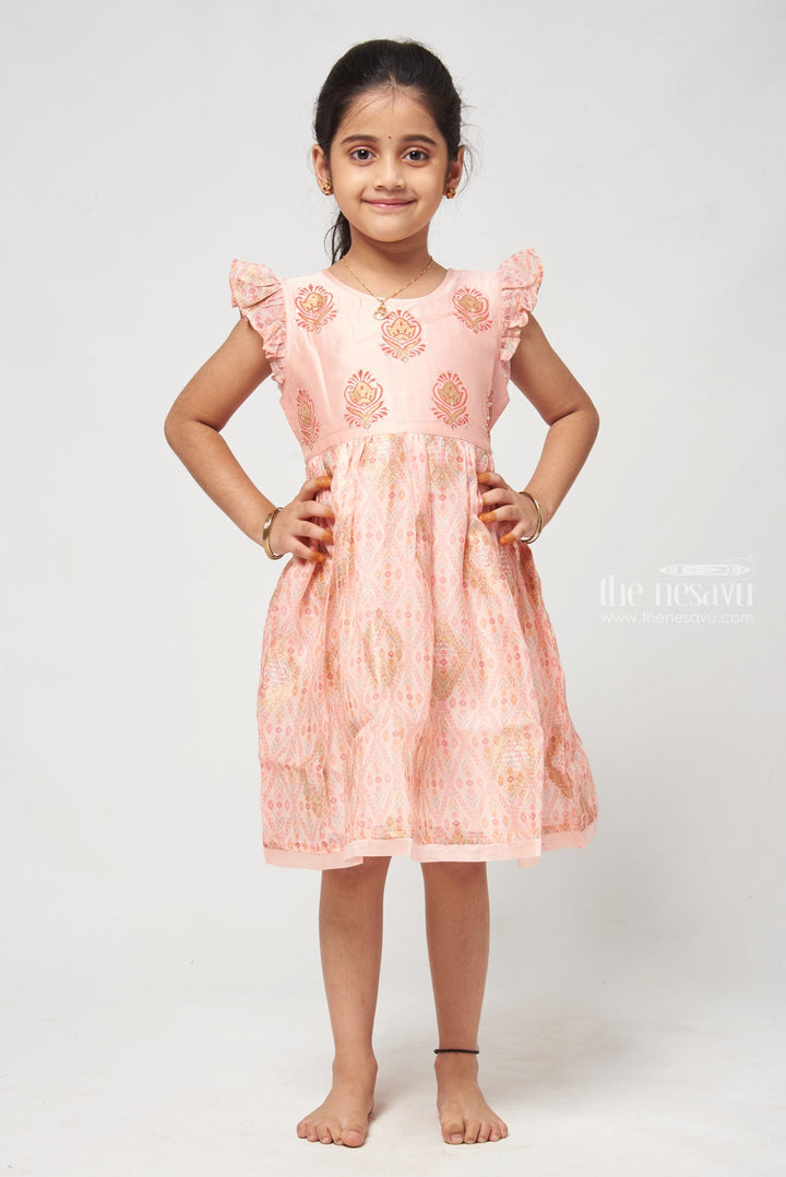 The Nesavu Girls Cotton Frock Charming Salmon Pink Block Printed Chanderi Frock - Stylish Girls Dress Nesavu 16 (1Y) / Pink / Chanderi GFC1117A-16 Stylish Cotton Dresses | Comfortablr Cotton Frock For Girls | The Nesavu