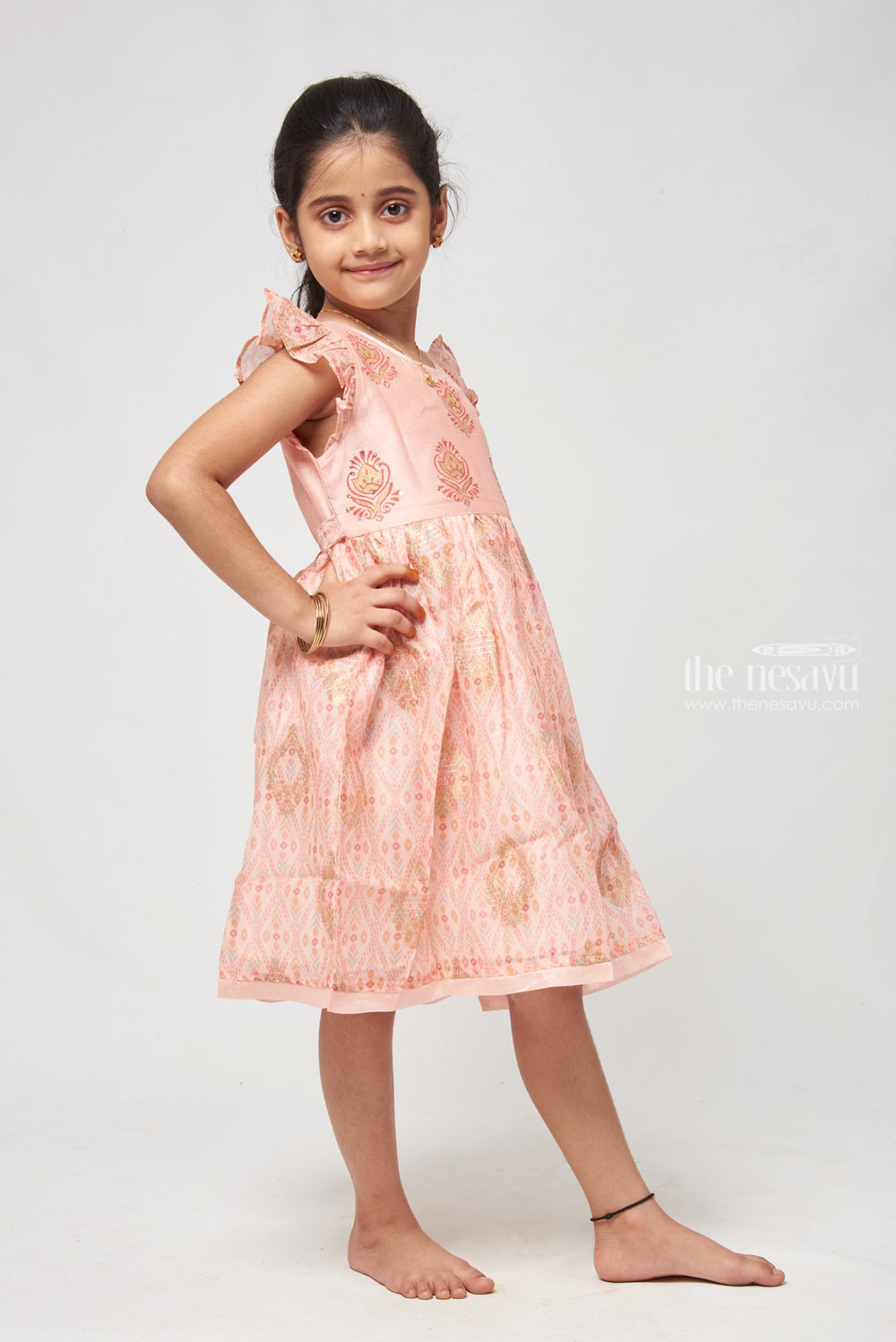 The Nesavu Girls Cotton Frock Charming Salmon Pink Block Printed Chanderi Frock - Stylish Girls Dress Nesavu Stylish Cotton Dresses | Comfortablr Cotton Frock For Girls | The Nesavu