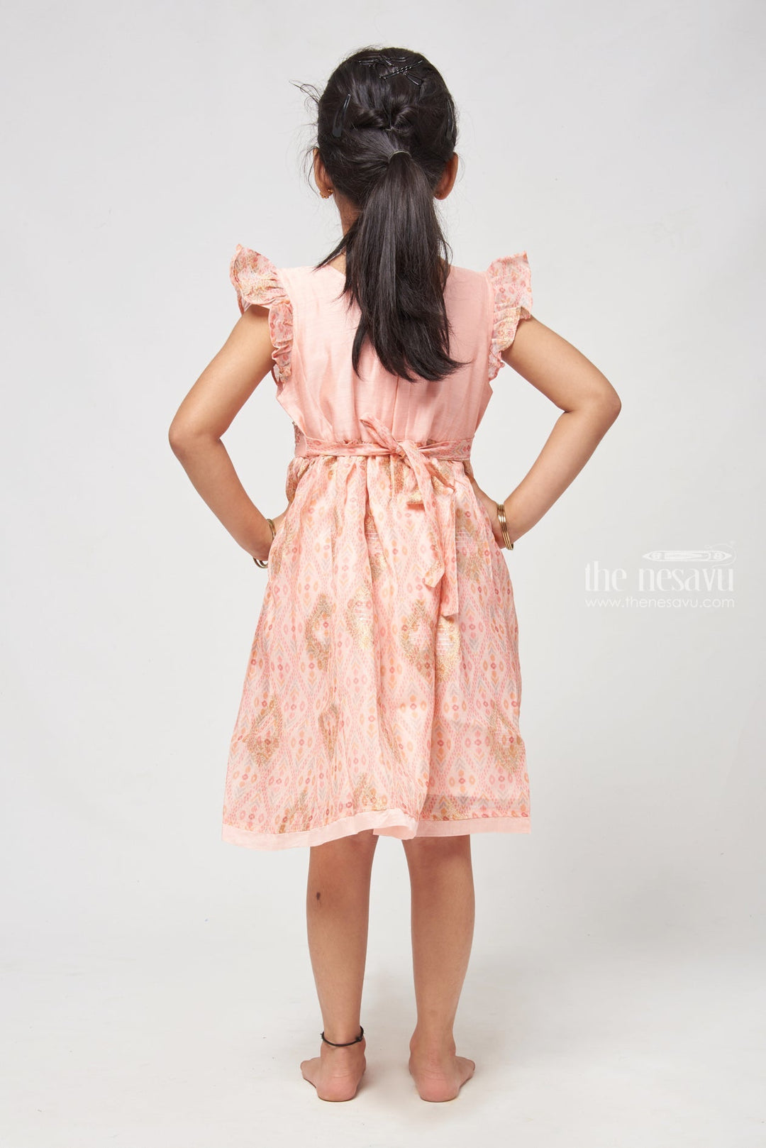 The Nesavu Girls Cotton Frock Charming Salmon Pink Block Printed Chanderi Frock - Stylish Girls Dress Nesavu Stylish Cotton Dresses | Comfortablr Cotton Frock For Girls | The Nesavu
