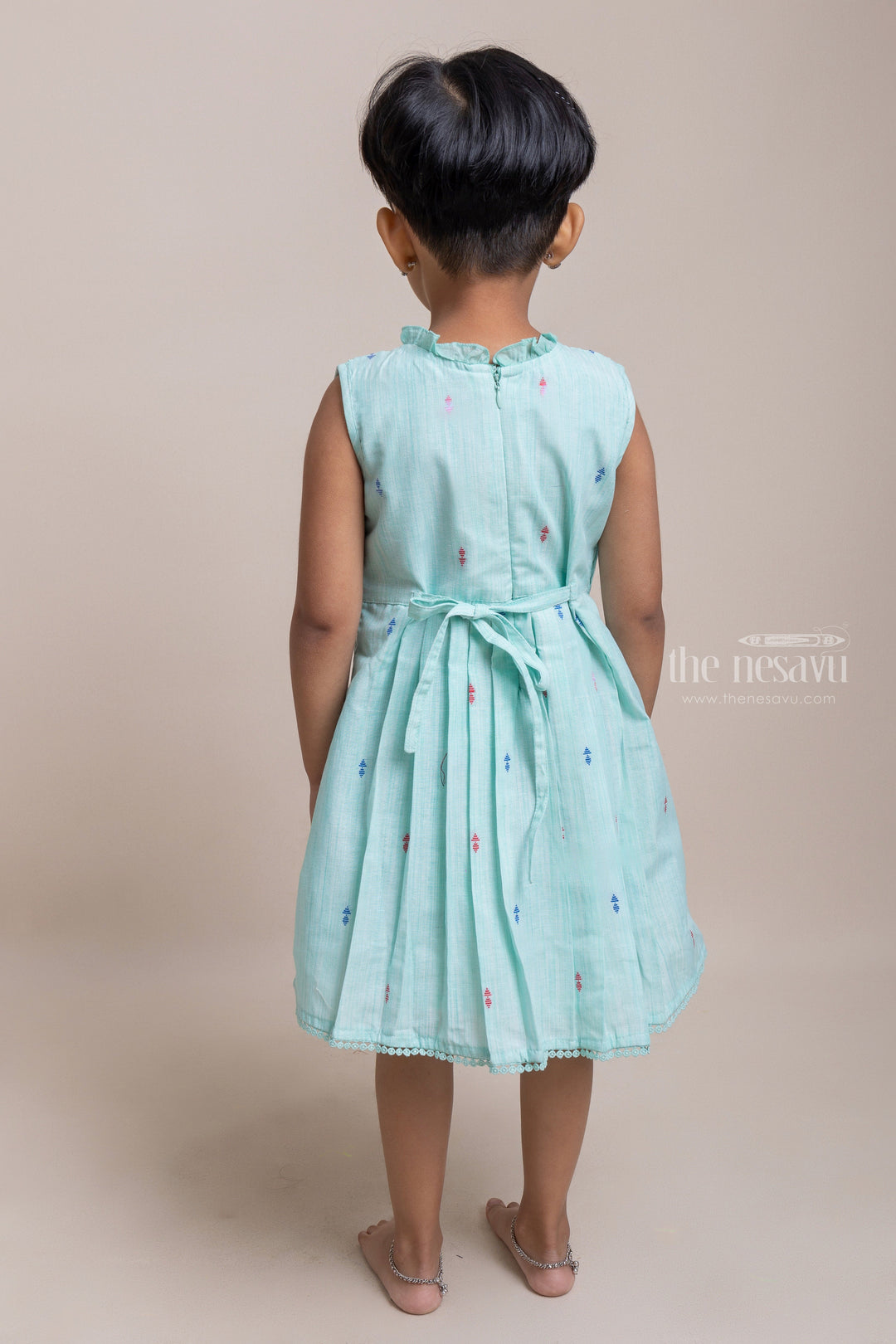 The Nesavu Girls Cotton Frock Charming Sea Green Sleeveless Pleated Casual Cotton Frock For Girls Nesavu Fantastic Cotton Frocks For Girls | Latest Girls Frock Collection | The Nesavu