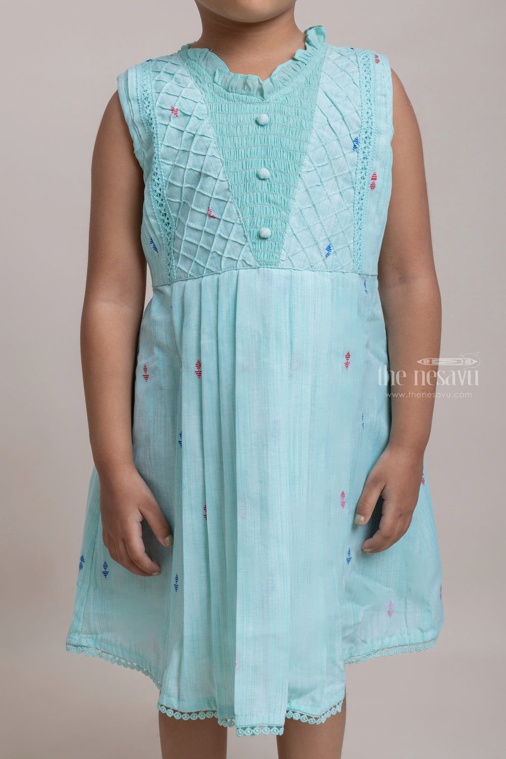 The Nesavu Girls Cotton Frock Charming Sea Green Sleeveless Pleated Casual Cotton Frock For Girls Nesavu Fantastic Cotton Frocks For Girls | Latest Girls Frock Collection | The Nesavu