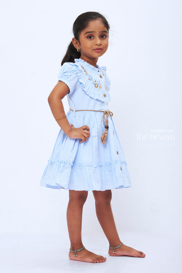 The Nesavu Girls Cotton Frock Charming Striped Cotton Frock for Girls  Delicate Floral Accents & Tassel Belt Nesavu Girls Blue Striped Cotton Dress | Floral Party Wear Frock | Casual Chic Kids Attire | The Nesavu