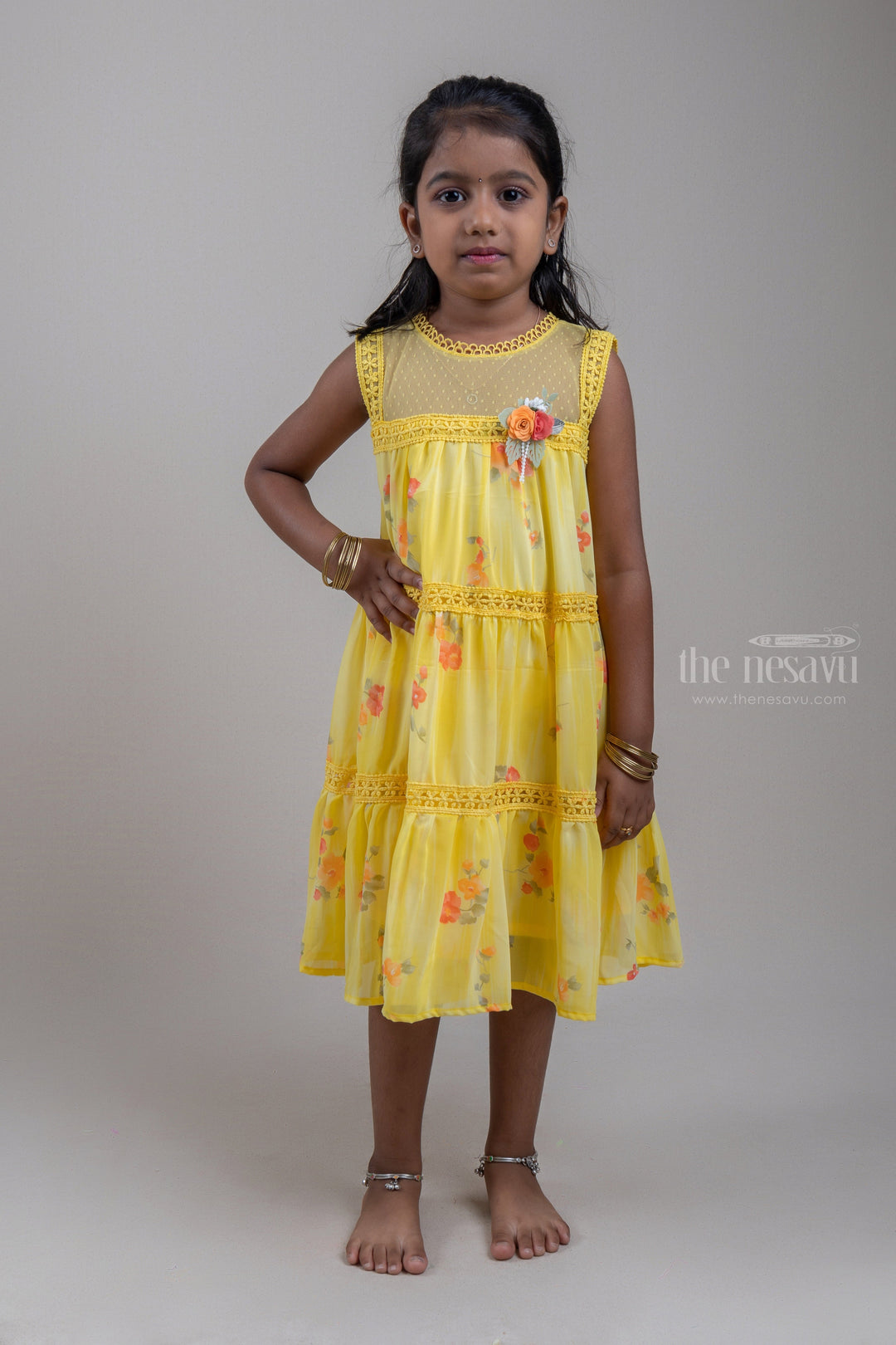 The Nesavu Frocks & Dresses Charming Yellow Floral Printed Sleeveless Frock For Girls psr silks Nesavu 20 (3Y) / Yellow GFC1041A