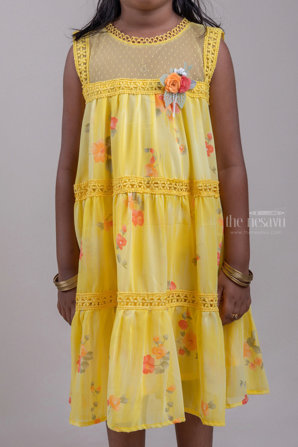 The Nesavu Frocks & Dresses Charming Yellow Floral Printed Sleeveless Frock For Girls psr silks Nesavu