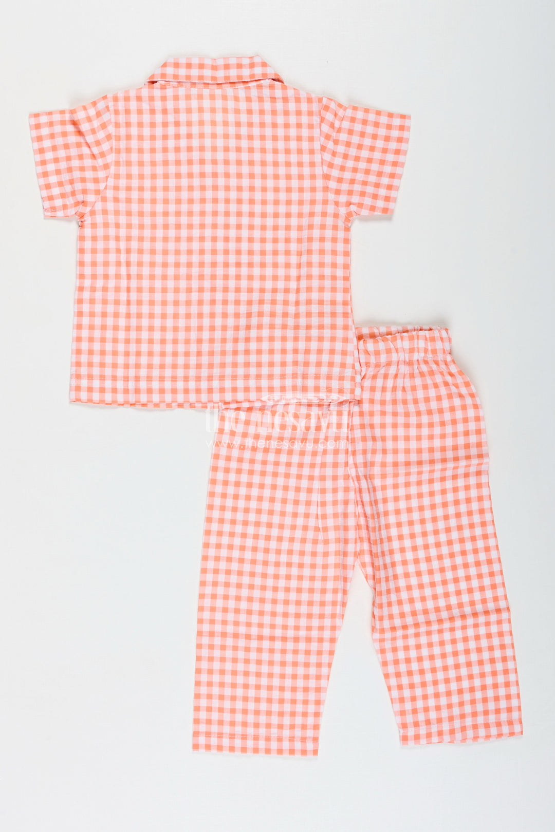 The Nesavu Girls Co-Ord Sets Check Print Cotton Coord Set for Baby Girls Nesavu Nesavu Peach Check Seersucker Cotton Co-Ord Set Baby Girls Breathable Lightweight Design