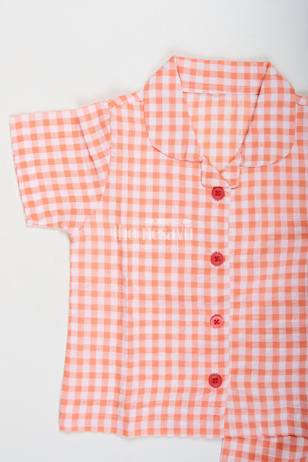 The Nesavu Girls Co-Ord Sets Check Print Cotton Coord Set for Baby Girls Nesavu Nesavu Peach Check Seersucker Cotton Co-Ord Set Baby Girls Breathable Lightweight Design
