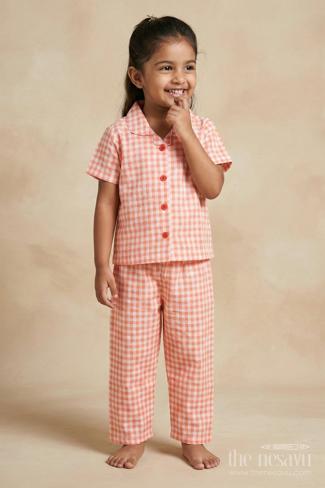 The Nesavu Girls Co-Ord Sets Check Print Cotton Coord Set for Baby Girls Nesavu Nesavu Peach Check Seersucker Cotton Co-Ord Set Baby Girls Breathable Lightweight Design