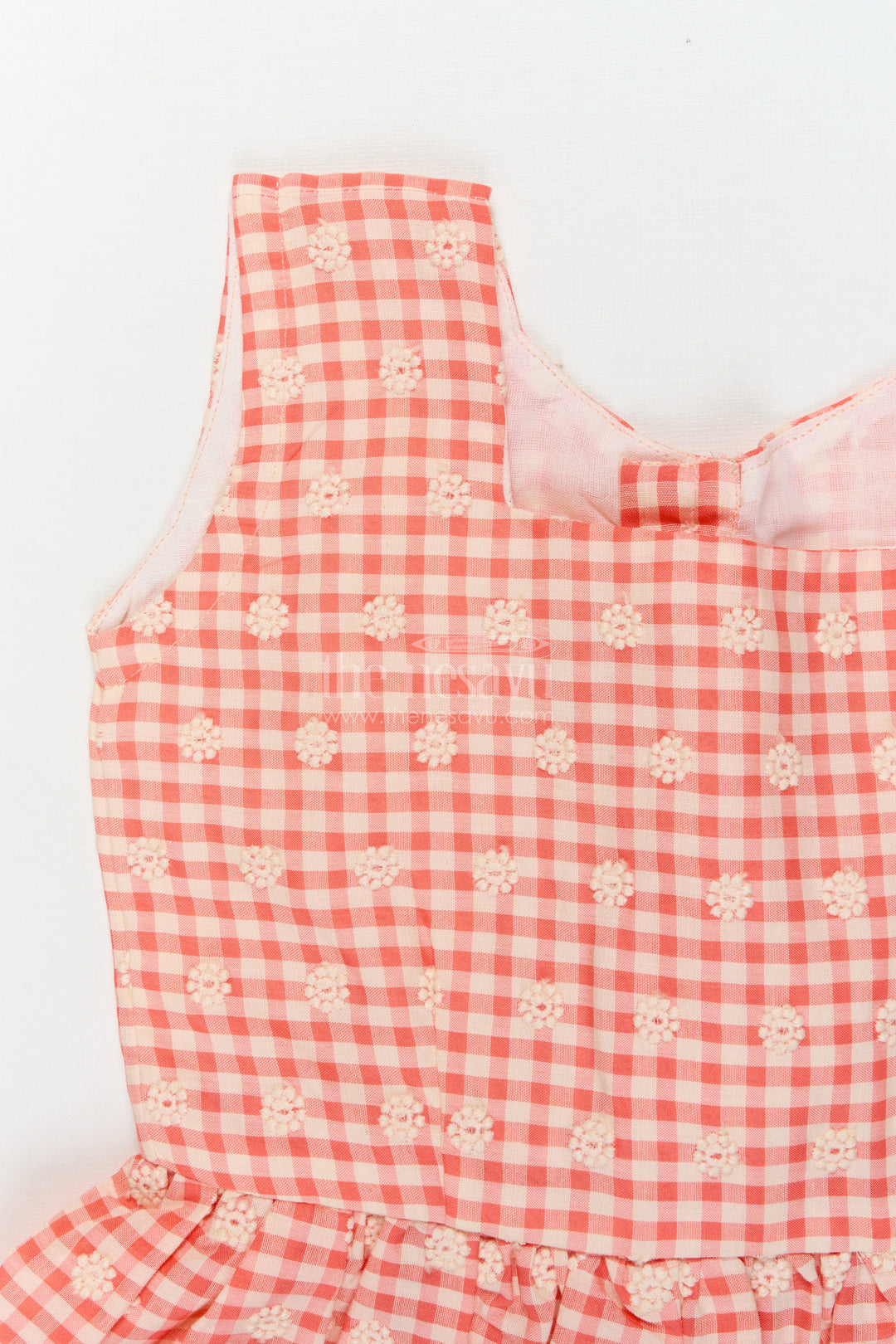 The Nesavu Girls Cotton Frock Checked Cotton Frock for Girls with Delicate Floral Embroidery and Lace Hem Nesavu Nesavu cotton gingham frock for girls with chikankari embroidery and lace hemline