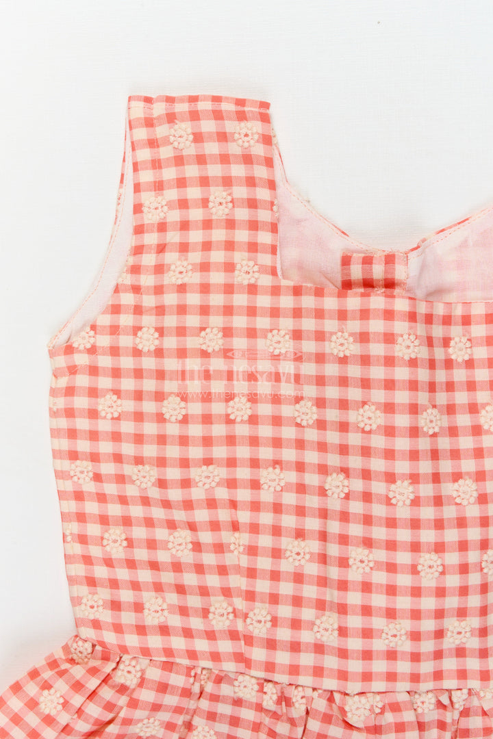 The Nesavu Girls Cotton Frock Checked Cotton Frock for Girls with Delicate Floral Embroidery and Lace Hem Nesavu Nesavu cotton gingham frock for girls with chikankari embroidery and lace hemline