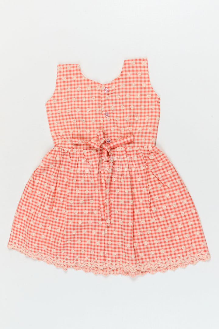 The Nesavu Girls Cotton Frock Checked Cotton Frock for Girls with Delicate Floral Embroidery and Lace Hem Nesavu Nesavu cotton gingham frock for girls with chikankari embroidery and lace hemline