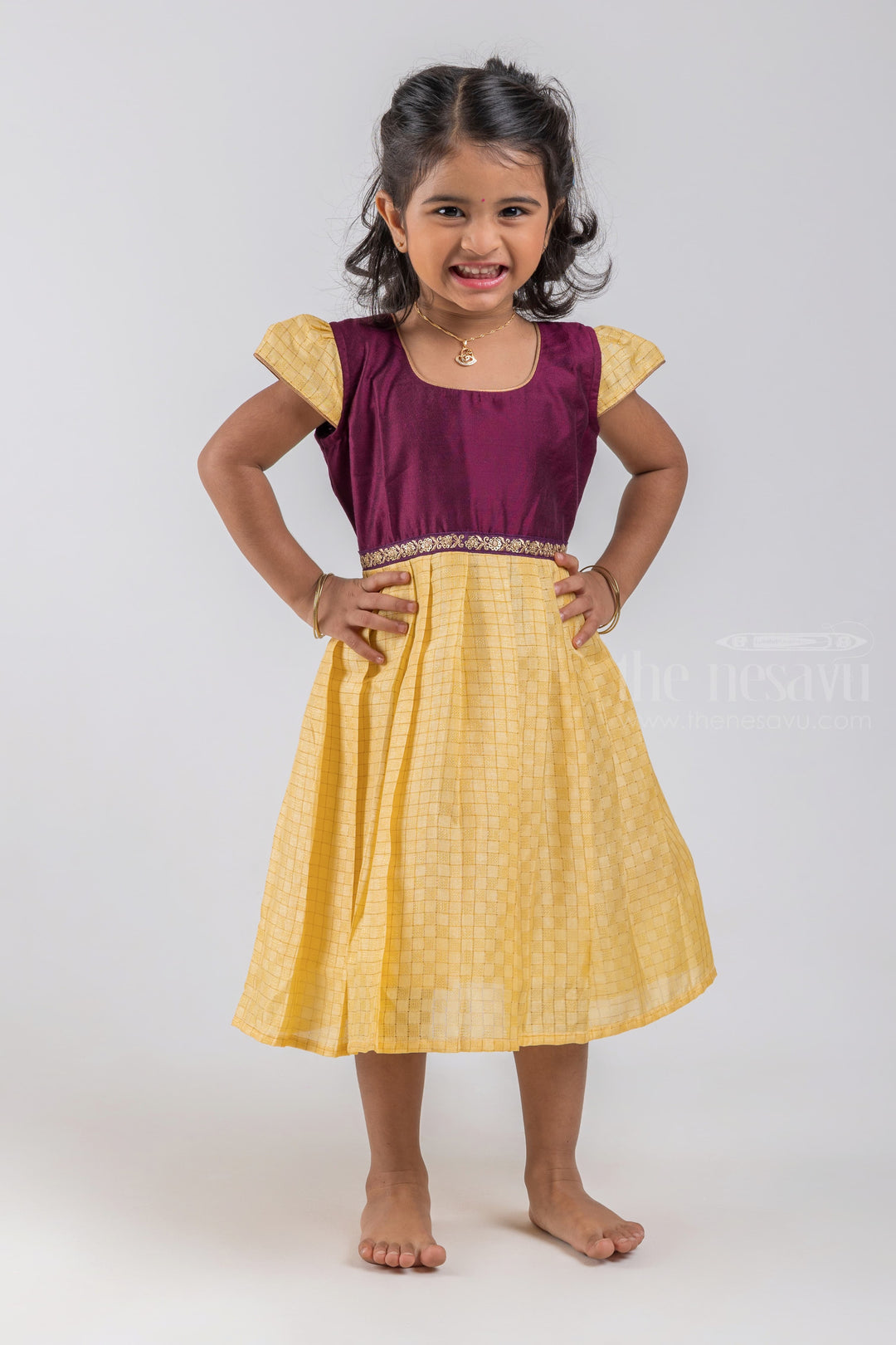 The Nesavu Silk Embroidered Frock Checkered Pattern Yellow Semi Silk Frock with Purple Yoke for Girls psr silks Nesavu 16 (1Y) / Yellow / Semi Silk SF636