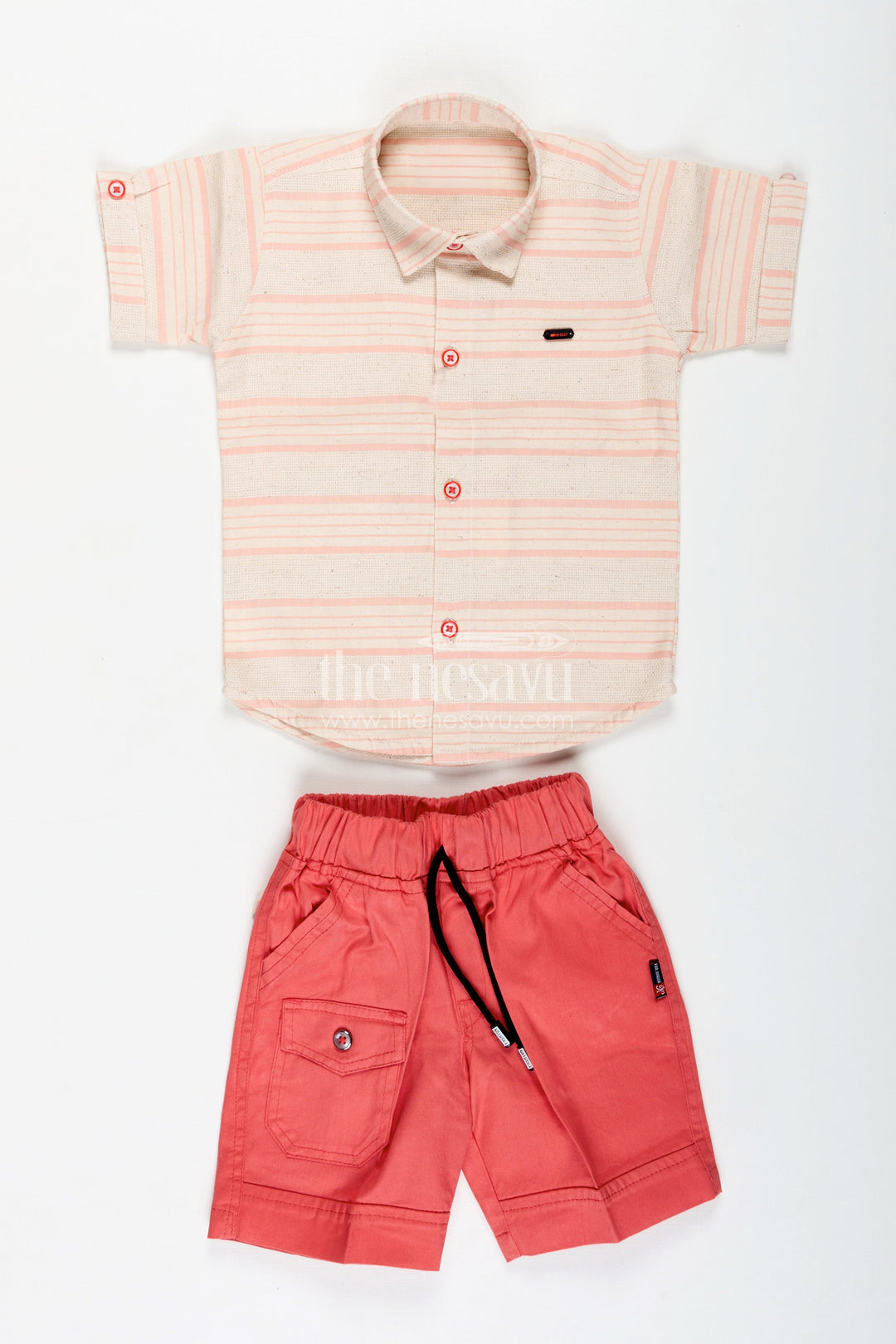 The Nesavu Boys Casual Set Checkered Shirt Outfit for Toddler Boys with Shorts Nesavu 16 (1Y) / Peach BCS351A-16 Nesavu Classic Striped Cotton Shirt Set Toddler Boys Coral Red Shorts Smart Fit