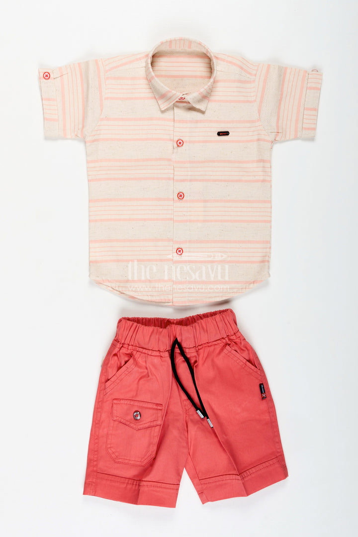 The Nesavu Boys Casual Set Checkered Shirt Outfit for Toddler Boys with Shorts Nesavu 16 (1Y) / Peach BCS351A-16 Nesavu Classic Striped Cotton Shirt Set Toddler Boys Coral Red Shorts Smart Fit