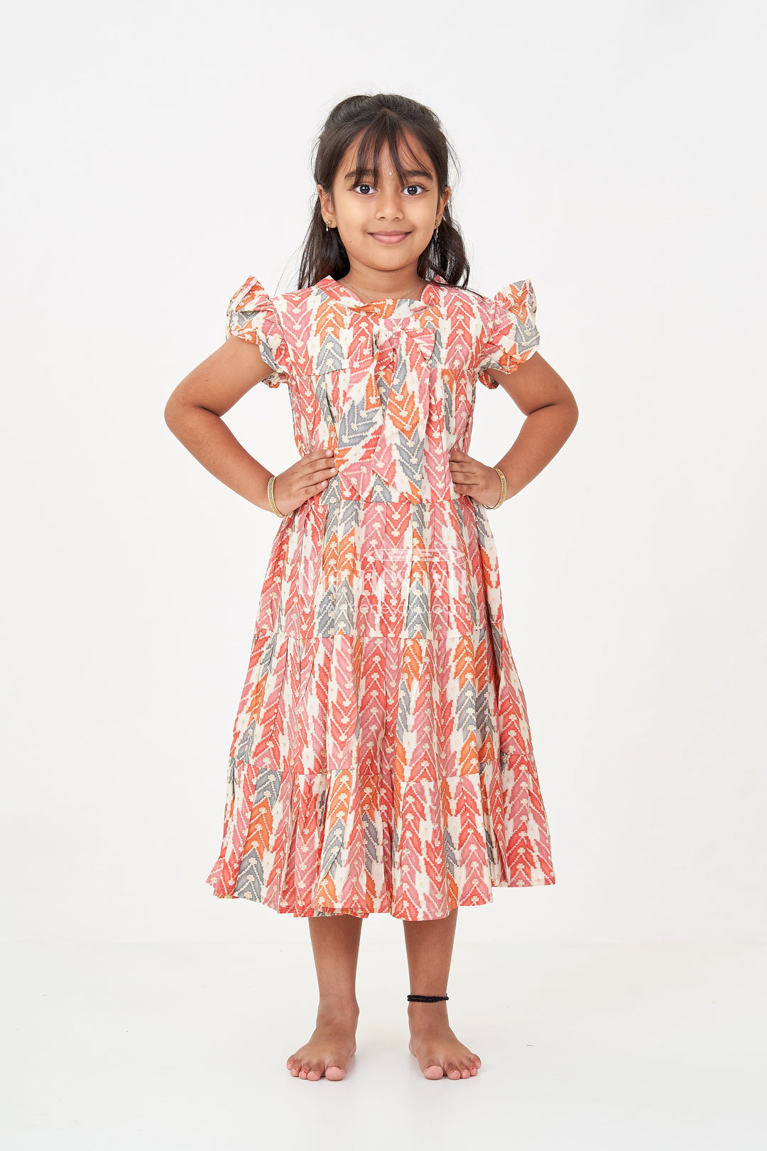 The Nesavu Girls Cotton Frock Checks Frock for Girls in Modal Silk with Multicolor Digital Print and Tiered Fit Nesavu 18 (2Y) / Red GFC1696A-18 Nesavu Checks Frock Girls Modal Silk Multicolor Geometric Print Ruffle Detailing