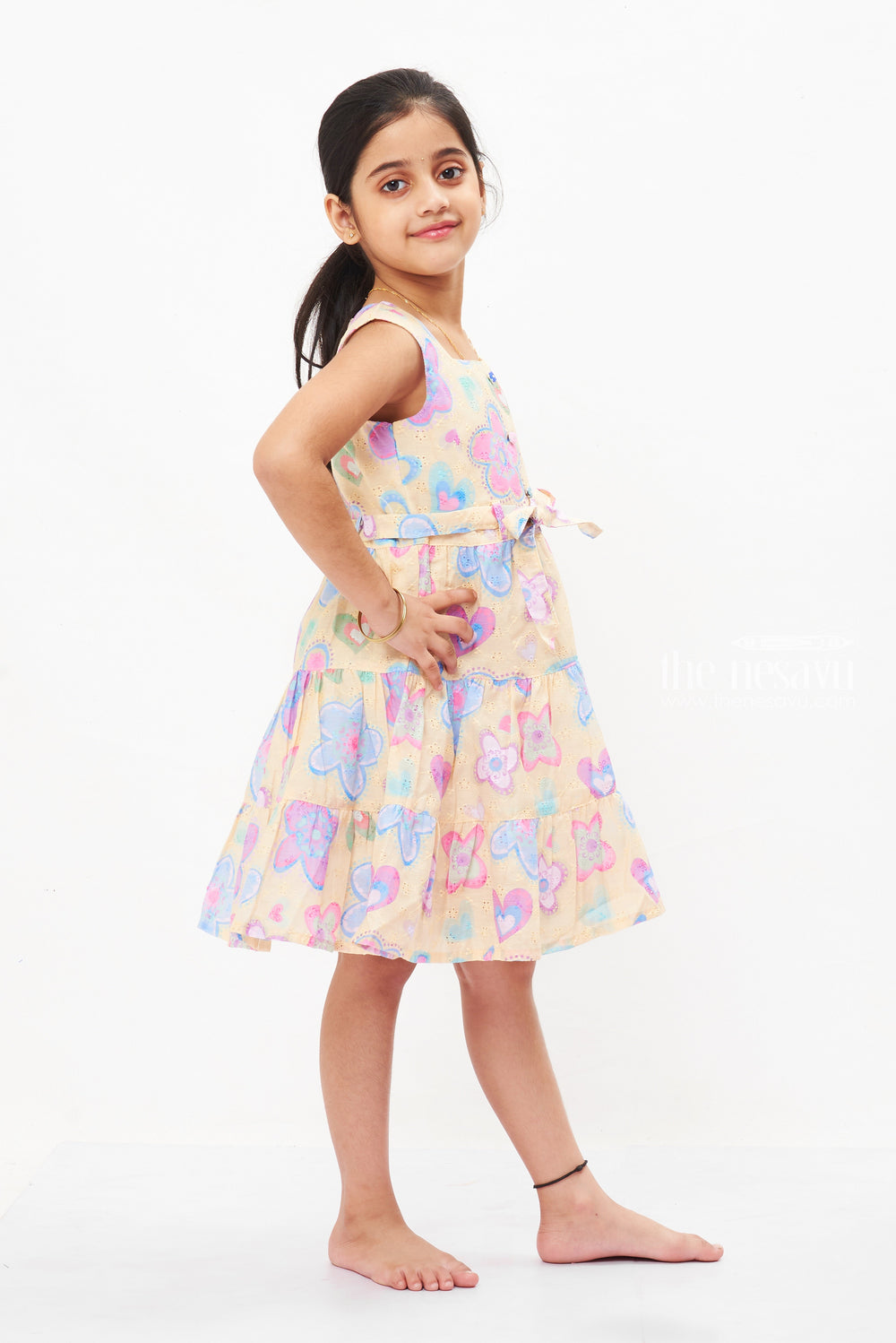 The Nesavu Girls Cotton Frock Cheerful Yellow Cotton Frock with Butterfly Patterns for Girls - Perfect for Daily Wear Nesavu Yellow Butterfly Cotton Frock for Girls | Designer Knee-Length Dress Online | The Nesavu