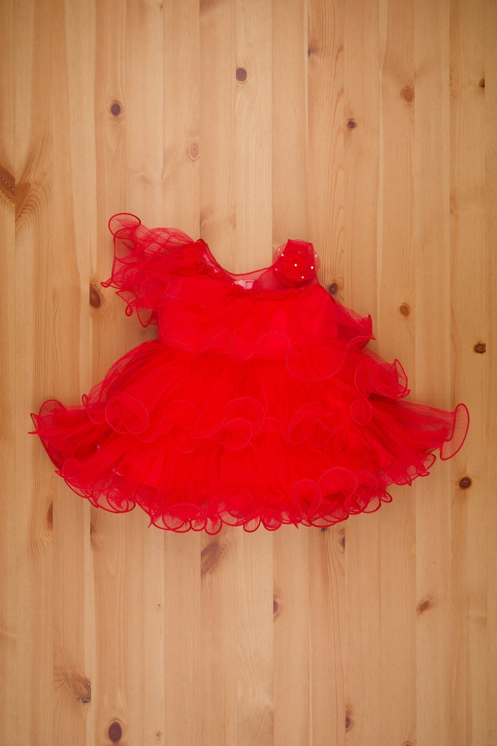 The Nesavu Girls Tutu Frock Cherry Red Off-Shoulder Delight Net Frock with Frill Layers - Baby Girls Stunning Party Dress Nesavu 14 (6M) / Red / Net PF130A-14 Unicorn Dresses For Birthday | Net Frock Dresses For Party Wear | The Nesavu