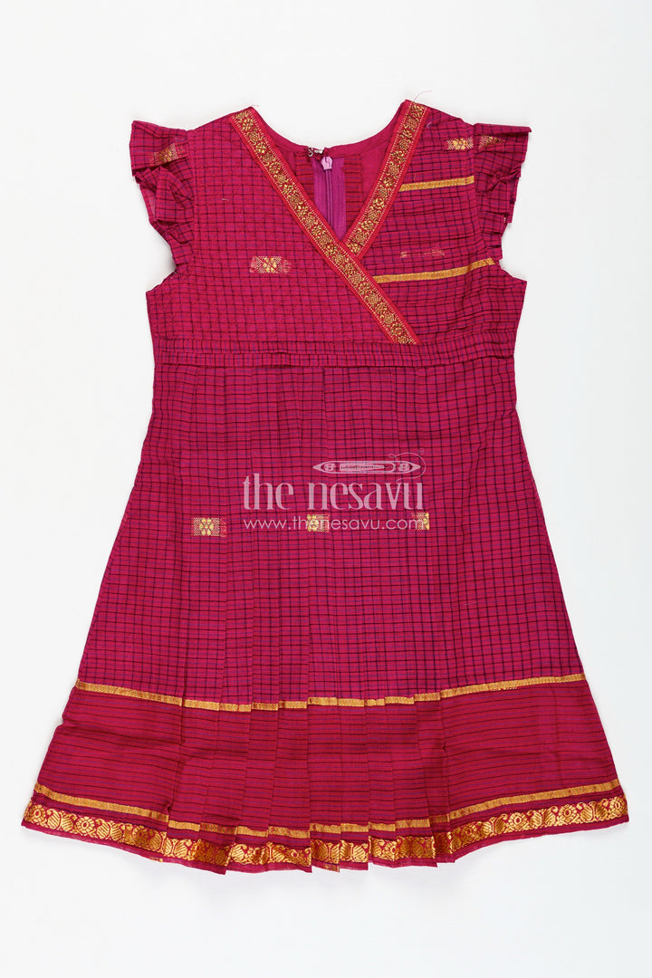 The Nesavu Girls Cotton Frock Chettinadu Silk Frock for Girls Traditional South Indian Style Nesavu Nesavu Chettinadu Silk Frock Girls Mangalagiri Cotton Gold Borders Pleats