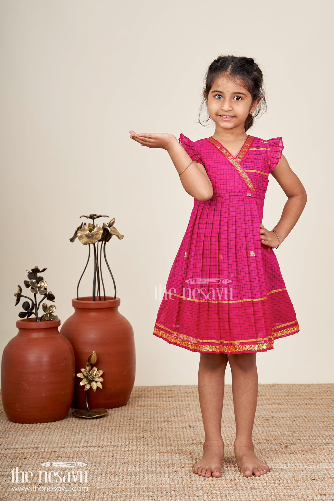 The Nesavu Girls Cotton Frock Chettinadu Silk Frock For Girls Traditional South Indian Style Nesavu Nesavu Chettinadu Silk Frock Girls Mangalagiri Cotton Gold Borders Pleats