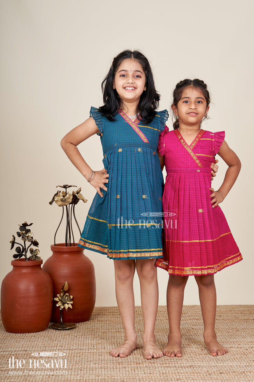 The Nesavu Girls Cotton Frock Chettinadu Silk Frock For Girls Traditional South Indian Style Nesavu Nesavu Chettinadu Silk Frock Girls Mangalagiri Cotton Gold Borders Pleats