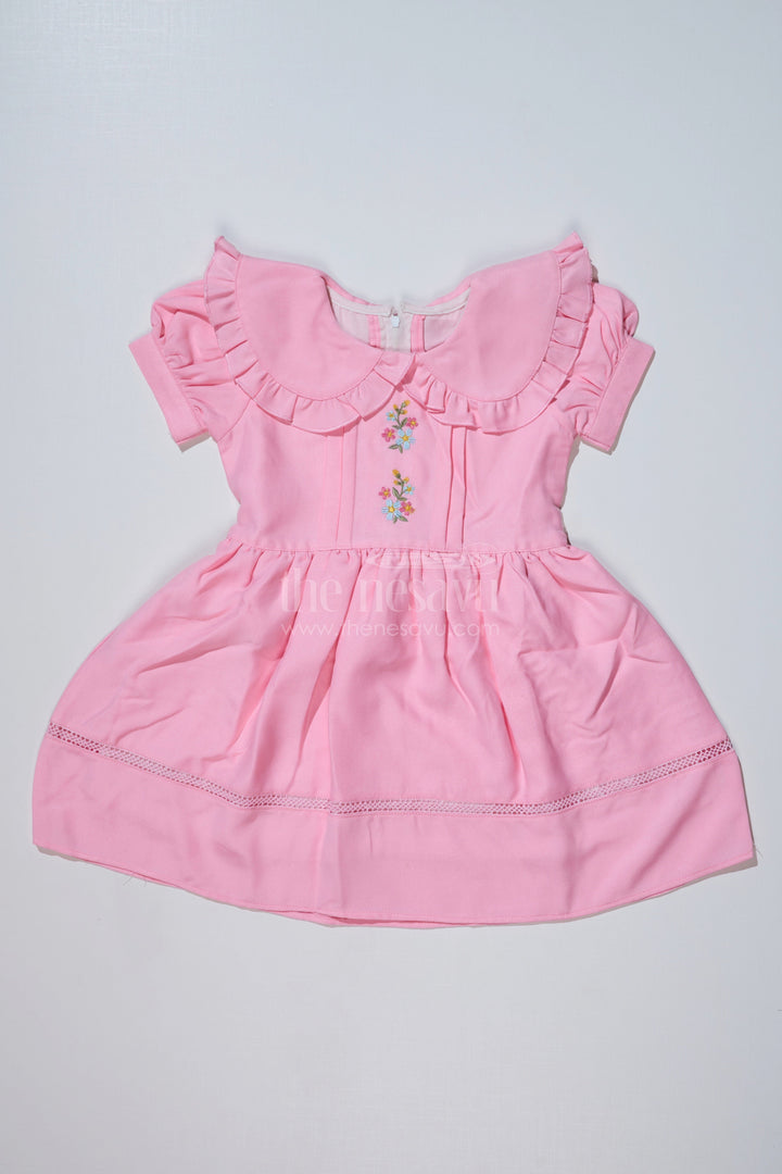 The Nesavu Girls Fancy Frock Chhote Bacche Ka Frock in Poly Blended Fabric with Embroidery and Ruffle Collar Nesavu 20 (3Y) / Pink GFC1622A-20 Nesavu Chhote Bacche Ka Frock Poly Blended Fabric Embroidery Ruffle Collar