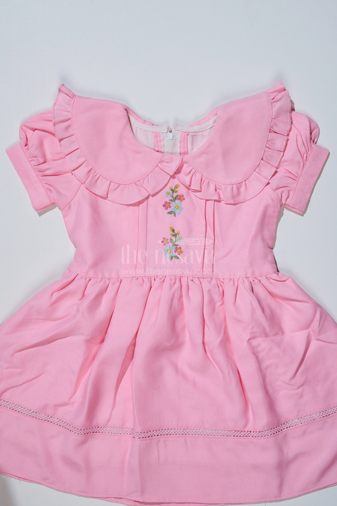 The Nesavu Girls Fancy Frock Chhote Bacche Ka Frock in Poly Blended Fabric with Embroidery and Ruffle Collar Nesavu Nesavu Chhote Bacche Ka Frock Poly Blended Fabric Embroidery Ruffle Collar