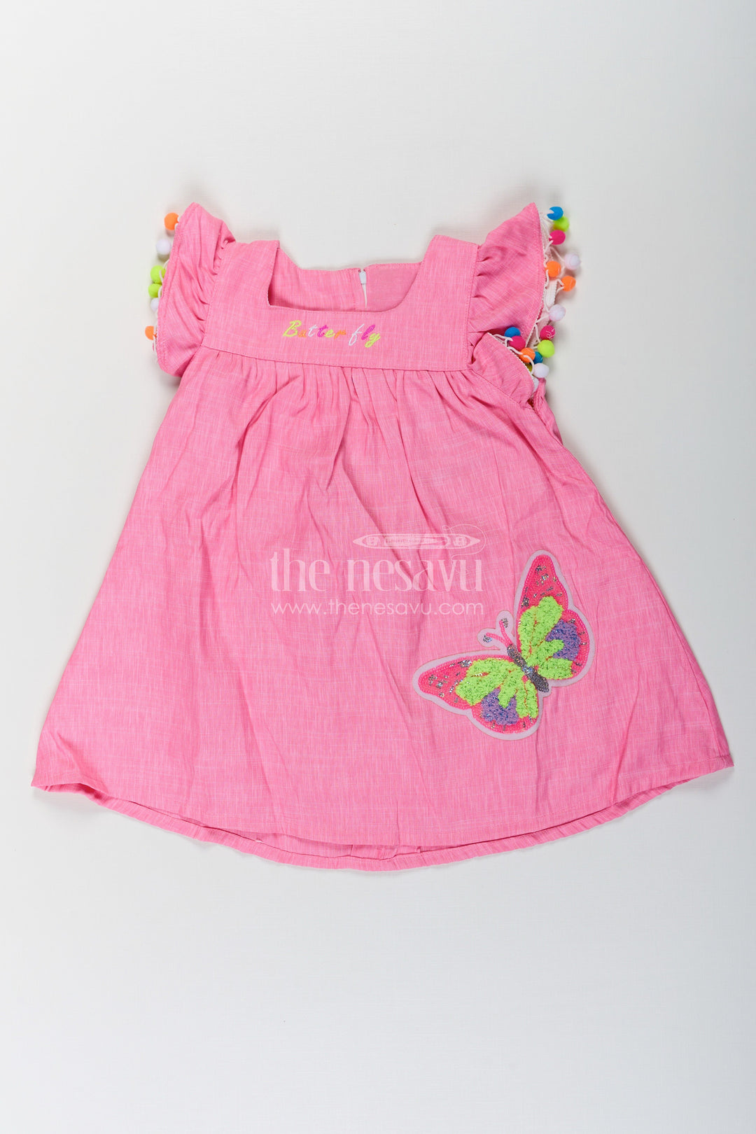 The Nesavu Baby Cotton Frocks Chhote Bacchon Ke Liye Frock in Pink Cotton Blend with Pom Poms and Butterfly Patch Embroidery Nesavu 14 (6M) / Pink BFJ759B-14 Nesavu Pink Frock Chhote Bacchon Pom Pom Sleeves Sequin Butterfly Patch