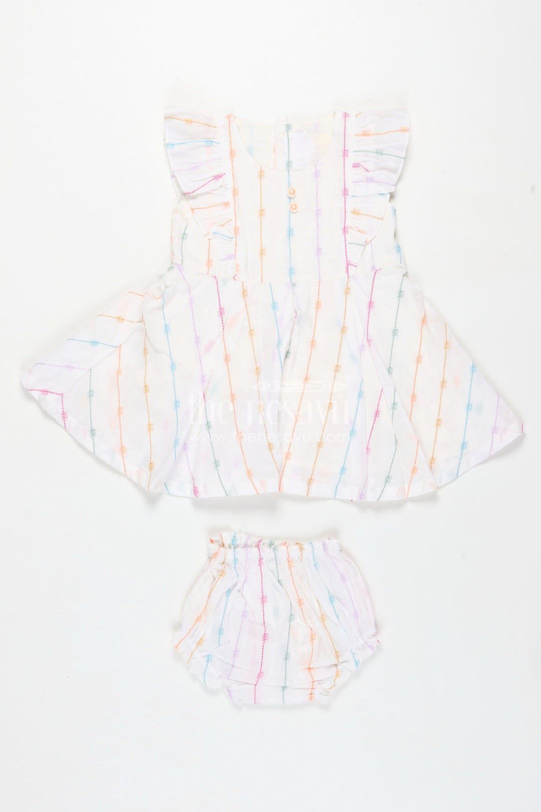 The Nesavu Baby Cotton Frocks Chhoti Bacchi Ka Frock in Soft Cotton with Multicolour Stripes and Matching Bloomers for Daily Comfort Nesavu 12 (3M) / White BFJ803A-12 Nesavu Chhoti Bacchi Ka Frock Multicolour Cotton Stripes Bloomers Daily Baby Wear