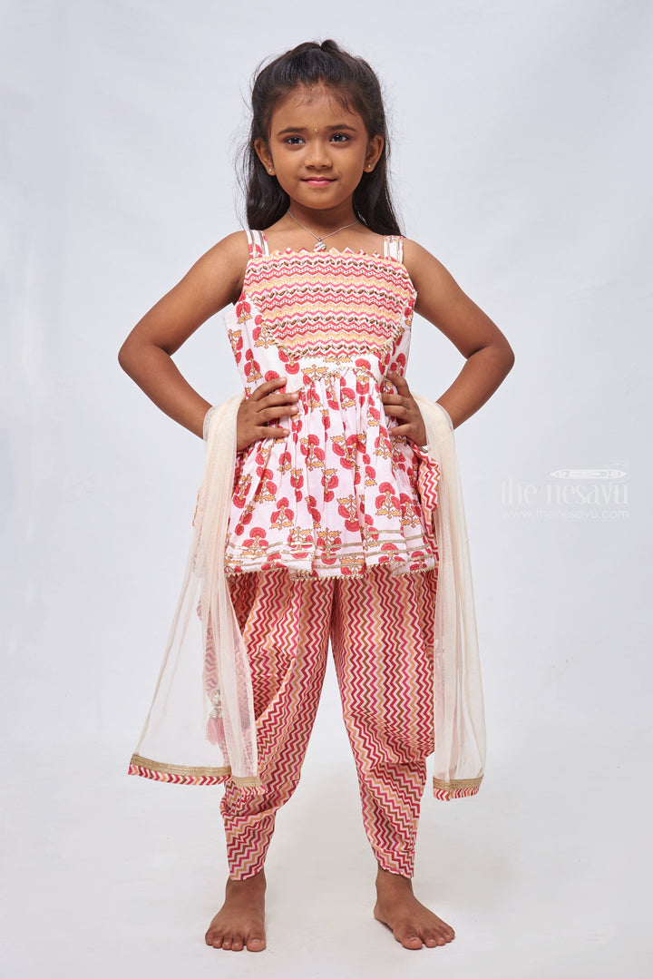 The Nesavu Girls Dothi Sets Chic Beige Creation: Bead Embroidered Kurti, Multicolor Zig-Zag Dhoti & Dupatta - Stylish Blouse Designs for Lehenga for Girls Nesavu 18 (2Y) / Beige / Cotton GPS198A-18 Girls Partywear Kurti and Dothi Set | Kids Kurti Online | The Nesavu