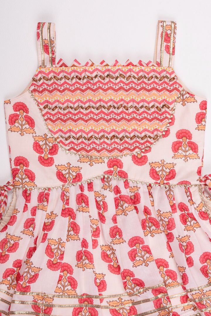 The Nesavu Girls Dothi Sets Chic Beige Creation: Bead Embroidered Kurti, Multicolor Zig-Zag Dhoti & Dupatta - Stylish Blouse Designs for Lehenga for Girls Nesavu Girls Partywear Kurti and Dothi Set | Kids Kurti Online | The Nesavu