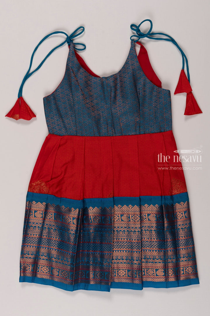 The Nesavu Tie-up Frock Chic Blue and Red Silk Tie-Up Frock for Girls Nesavu 14 (6M) / Red / Style 1 T349A-14 Traditional Silk Dress for Kids | Festive Tie Up Silk Frock | The Nesavu