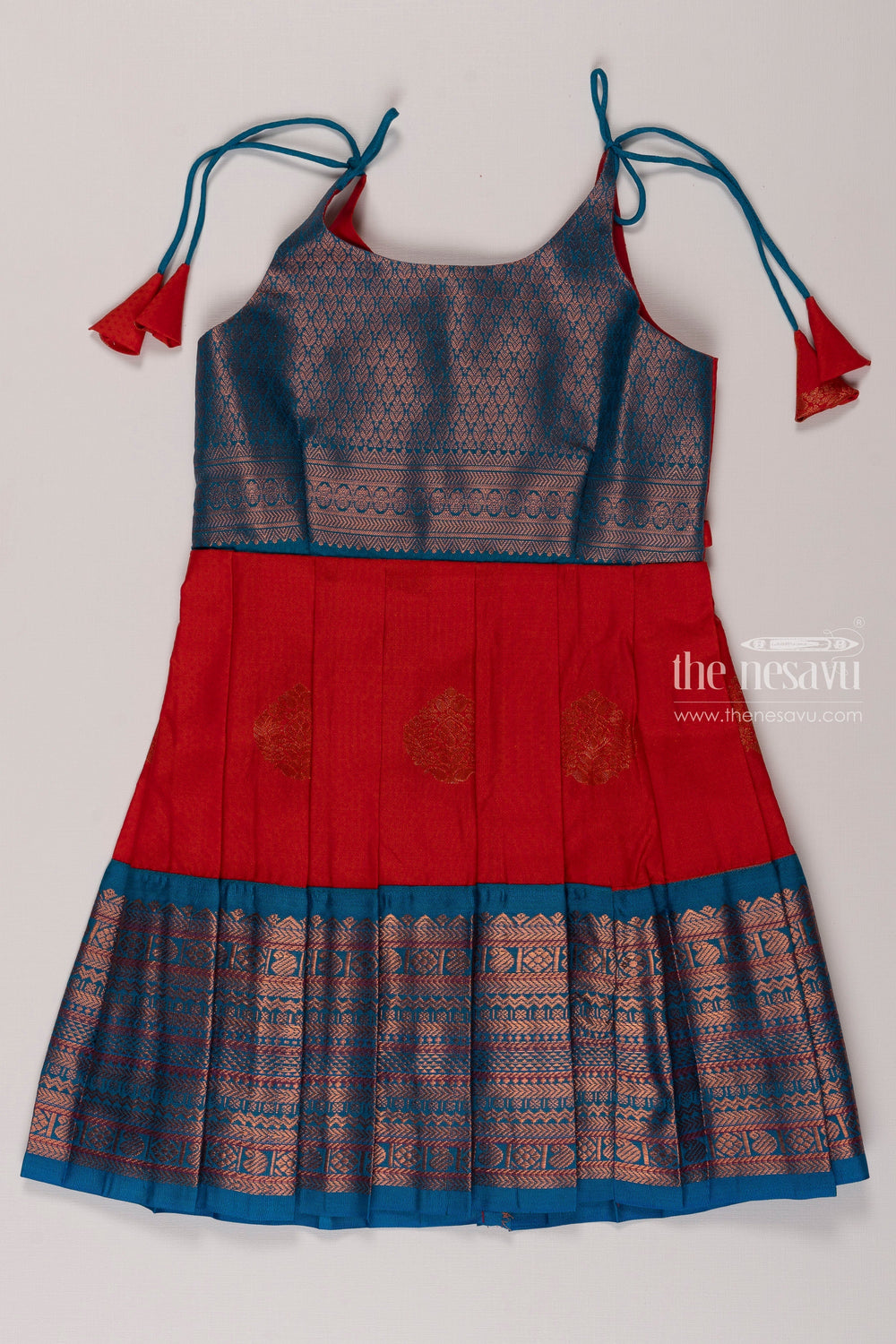 The Nesavu Tie-up Frock Chic Blue and Red Silk Tie-Up Frock for Girls Nesavu 18 (2Y) / Red / Style 2 T349B-18 Traditional Silk Dress for Kids | Festive Tie Up Silk Frock | The Nesavu
