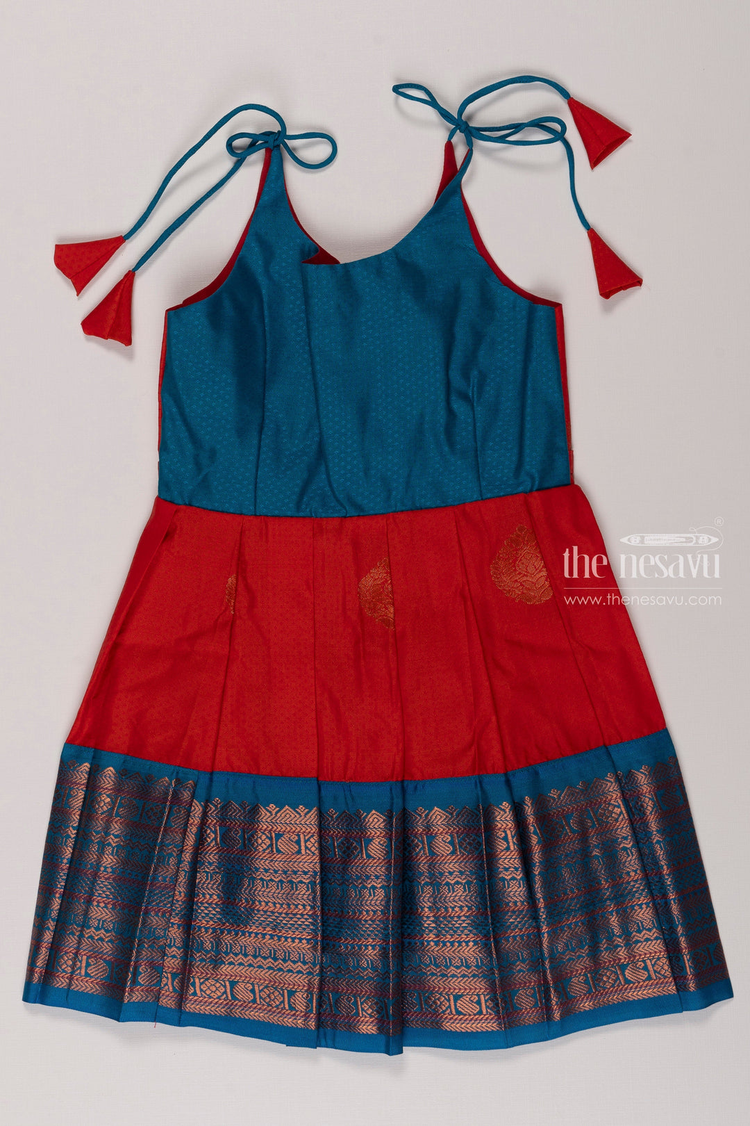 The Nesavu Tie-up Frock Chic Blue and Red Silk Tie-Up Frock for Girls Nesavu 18 (2Y) / Red / Style 3 T349C-18 Traditional Silk Dress for Kids | Festive Tie Up Silk Frock | The Nesavu