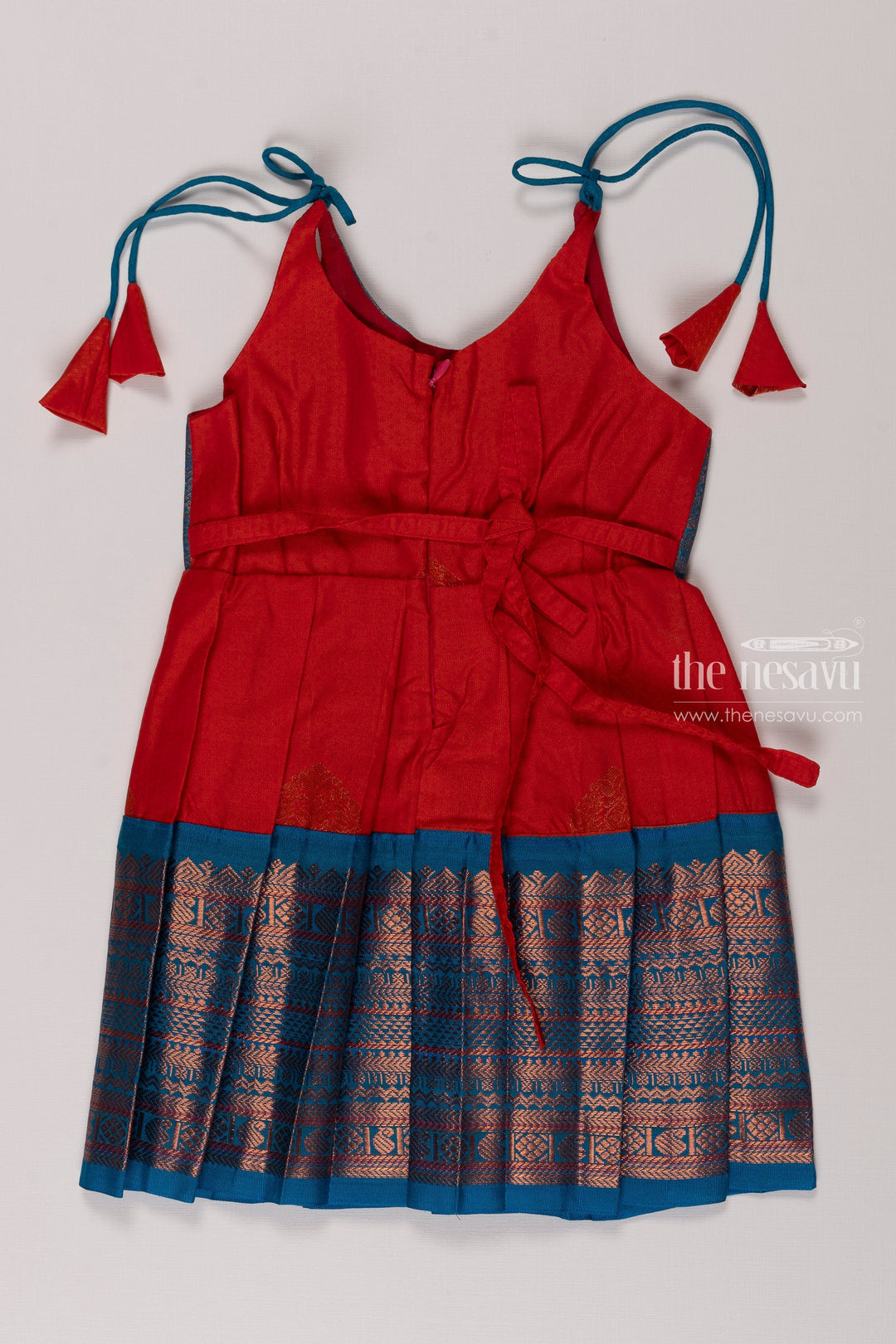 The Nesavu Tie-up Frock Chic Blue and Red Silk Tie-Up Frock for Girls Nesavu Traditional Silk Dress for Kids | Festive Tie Up Silk Frock | The Nesavu