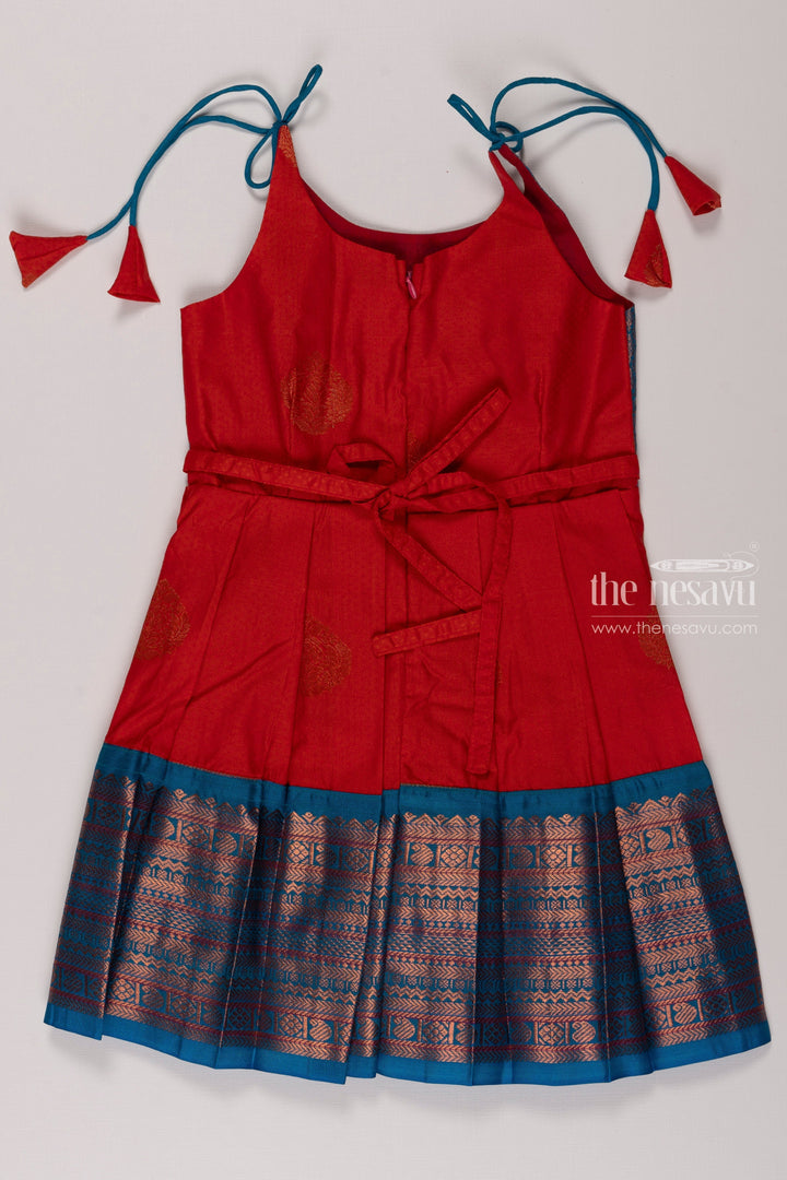 The Nesavu Tie-up Frock Chic Blue and Red Silk Tie-Up Frock for Girls Nesavu Traditional Silk Dress for Kids | Festive Tie Up Silk Frock | The Nesavu