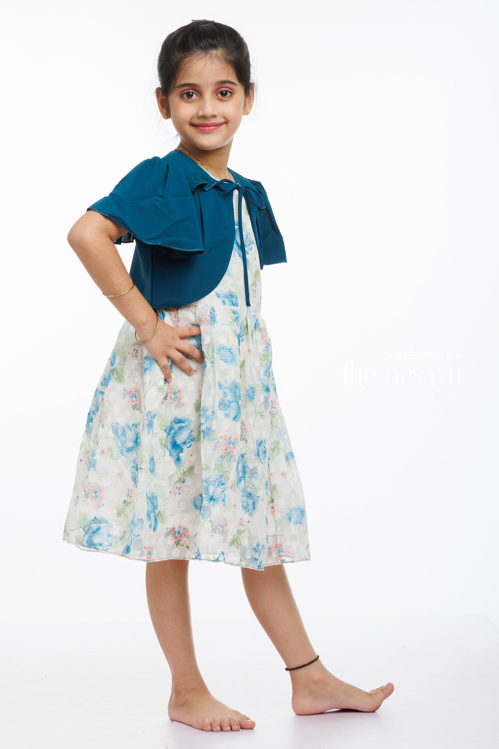 The Nesavu Girls Fancy Frock Chic Blue Floral Cotton Dress with Stylish Jacket for Girls Nesavu Girls Summer Cotton Dress with Jacket | Elegant Floral Maxi  Stylish Bolero | The Nesavu