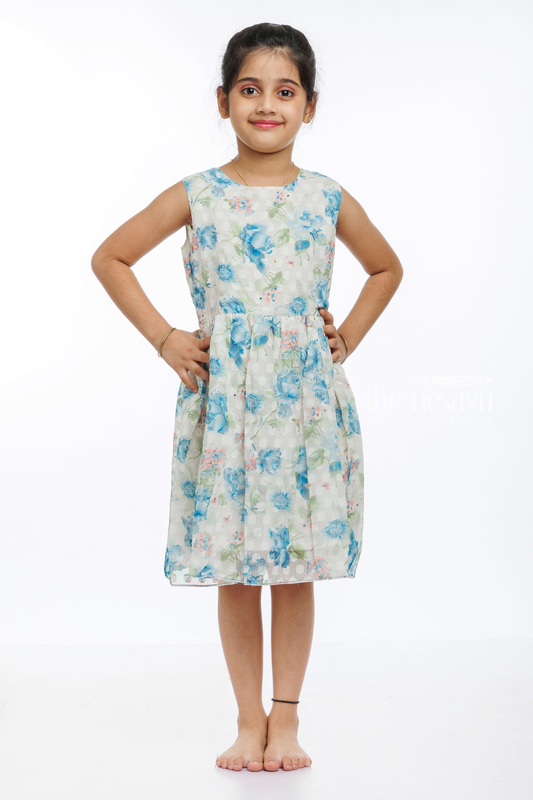 The Nesavu Girls Fancy Frock Chic Blue Floral Cotton Dress with Stylish Jacket for Girls Nesavu Girls Summer Cotton Dress with Jacket | Elegant Floral Maxi  Stylish Bolero | The Nesavu
