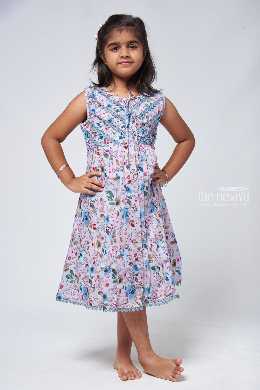 The Nesavu Girls Cotton Frock Chic Blue Floral Cotton Frock - Trendy Girls Dress Nesavu 22 (4Y) / Blue / Cotton GFC1105A-22 Girls Cotton Frocks | Floral Printed Frocks | The Nesavu