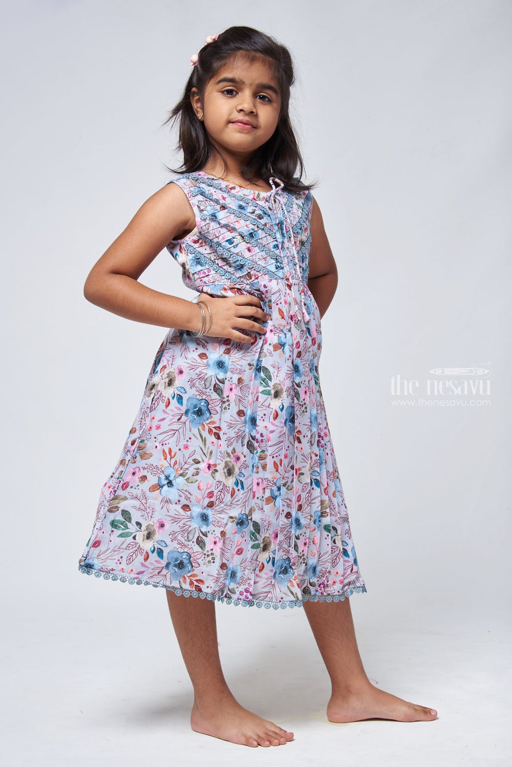 The Nesavu Girls Cotton Frock Chic Blue Floral Cotton Frock - Trendy Girls Dress Nesavu Girls Cotton Frocks | Floral Printed Frocks | The Nesavu