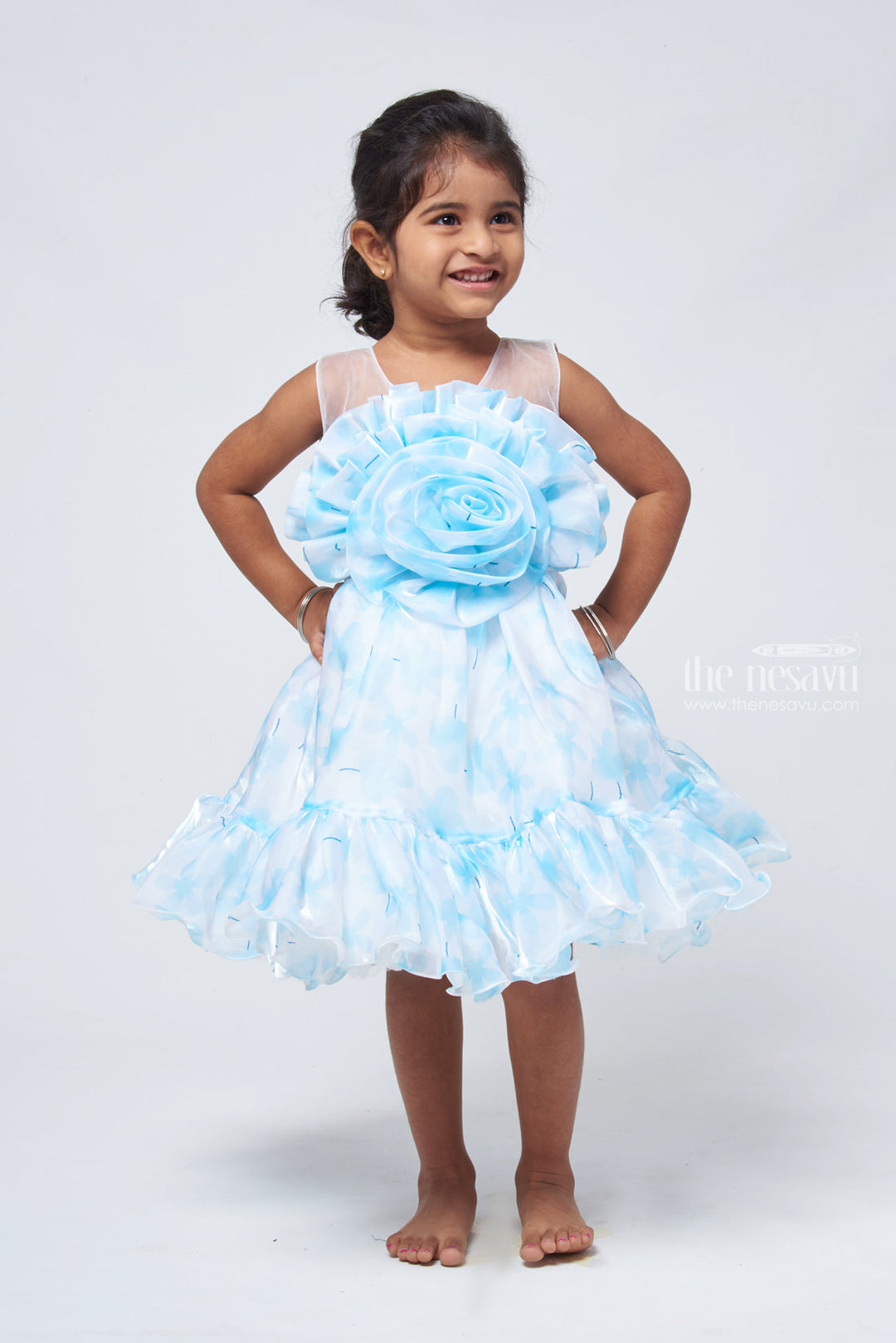 The Nesavu Party Frock Chic Blue Organza Party Dress: Designer Floral Bow & Flared Style for Girls Nesavu 16 (1Y) / Blue PF125B-16 Flared Blue Party Frock for Girls | Designer Wear for Girls | The Nesavu