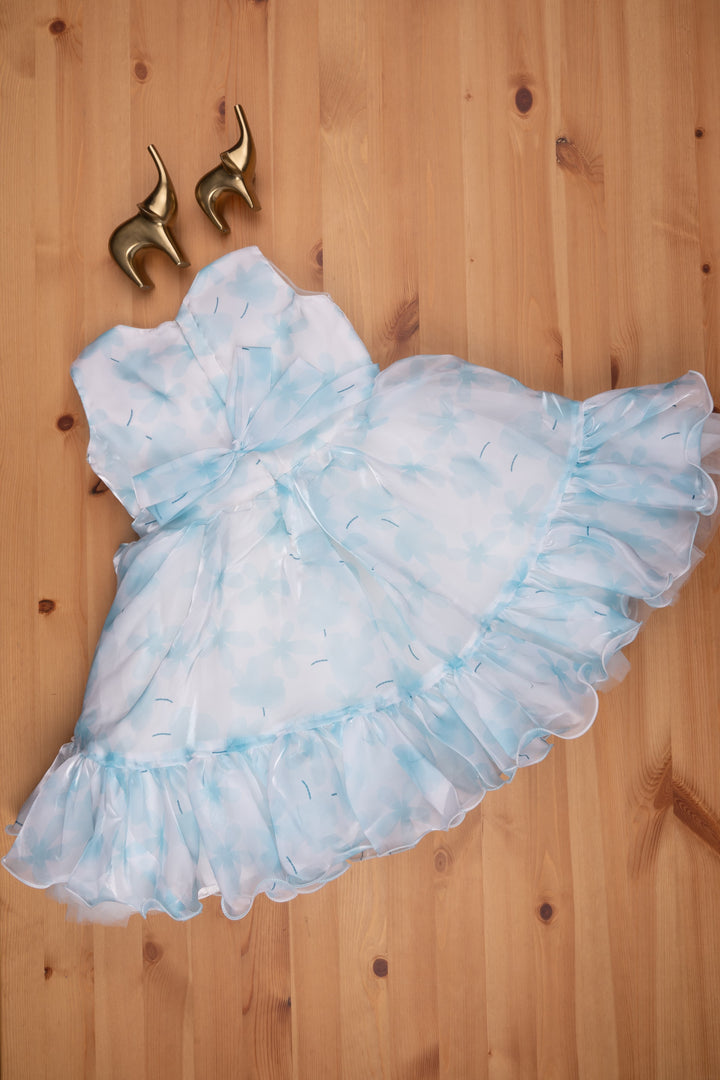 The Nesavu Party Frock Chic Blue Organza Party Dress: Designer Floral Bow & Flared Style for Girls Nesavu Flared Blue Party Frock for Girls | Designer Wear for Girls | The Nesavu