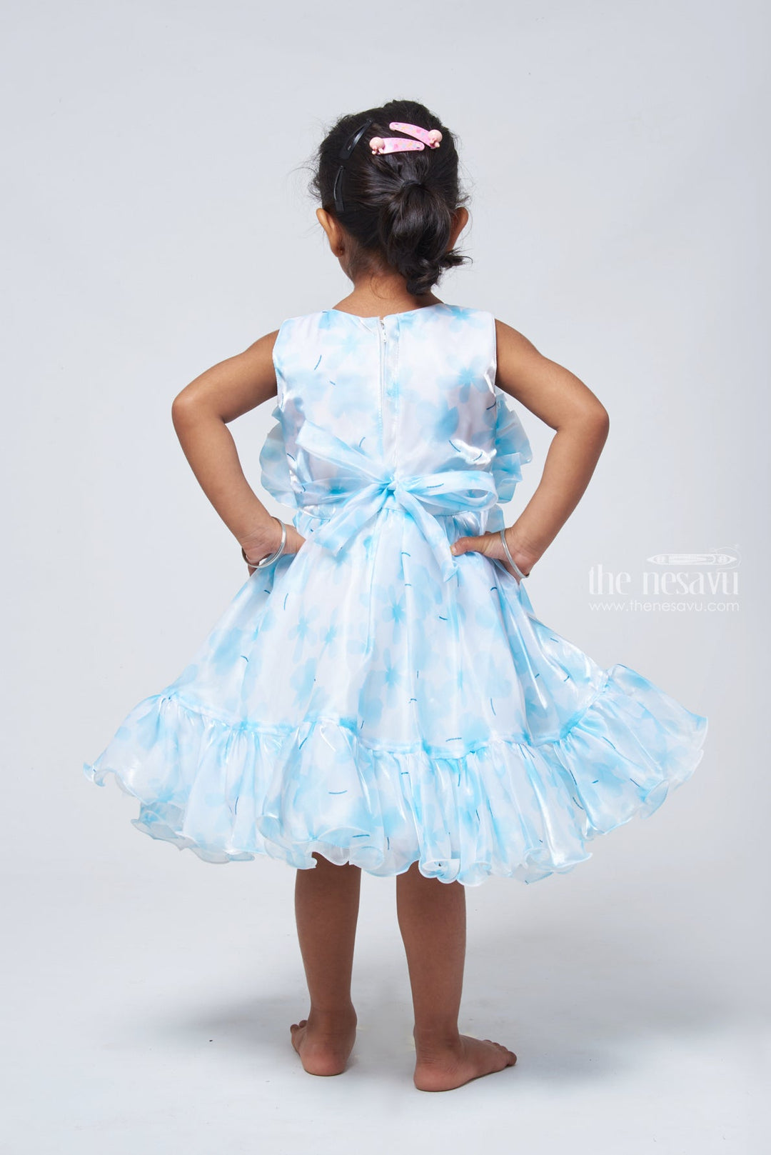 The Nesavu Party Frock Chic Blue Organza Party Dress: Designer Floral Bow & Flared Style for Girls Nesavu Flared Blue Party Frock for Girls | Designer Wear for Girls | The Nesavu