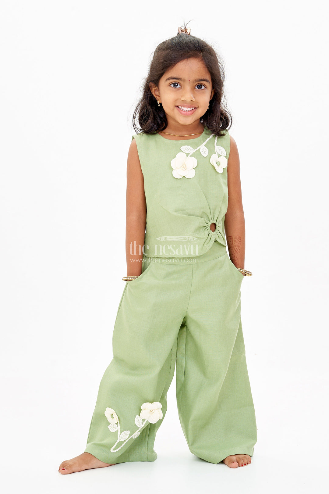 The Nesavu Girls Sharara / Plazo Set Chic Casual Dress Casual Set for Girls with Floral Embellishments and Wide-Leg Plazo Nesavu 18 (2Y) / Green GPS533A-18 Nesavu Chic Casual Dress Casual Set Girls Floral Embellishments Wide-Leg Plazo