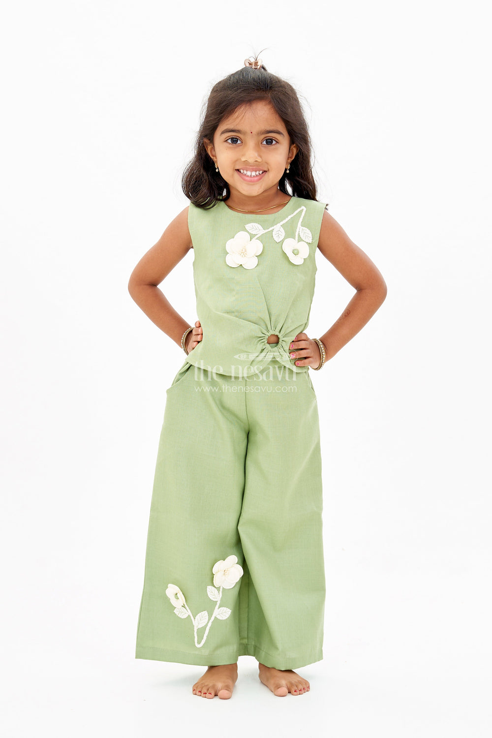 The Nesavu Girls Sharara / Plazo Set Chic Casual Dress Casual Set for Girls with Floral Embellishments and Wide-Leg Plazo Nesavu Nesavu Chic Casual Dress Casual Set Girls Floral Embellishments Wide-Leg Plazo