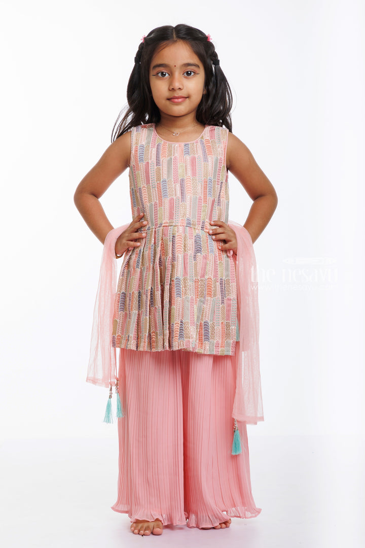 The Nesavu Girls Sharara / Plazo Set Chic Charm: Girls' Pastel Peplum Top with Palazzo Set for Festive Celebrations Nesavu 16 (1Y) / Pink / Georgette GPS291A-16 Shop Girls Pastel Peplum Top with Palazzo | Perfect for Ugadi, Vishu, and Ramzan | The Nesavu