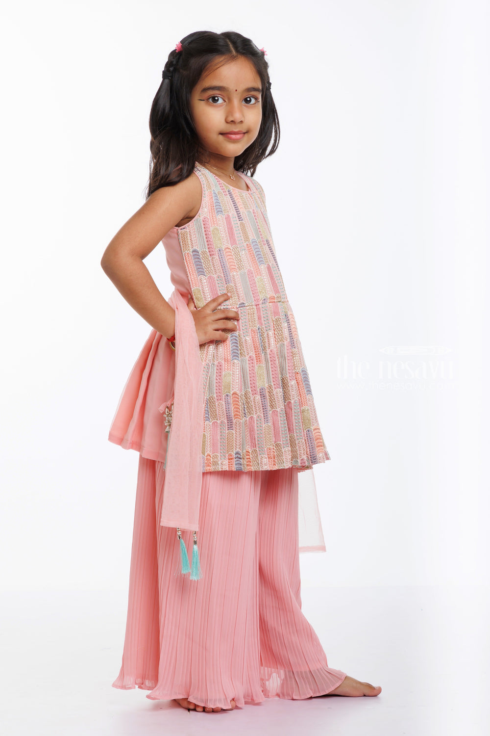 The Nesavu Girls Sharara / Plazo Set Chic Charm: Girls' Pastel Peplum Top with Palazzo Set for Festive Celebrations Nesavu Shop Girls Pastel Peplum Top with Palazzo | Perfect for Ugadi, Vishu, and Ramzan | The Nesavu