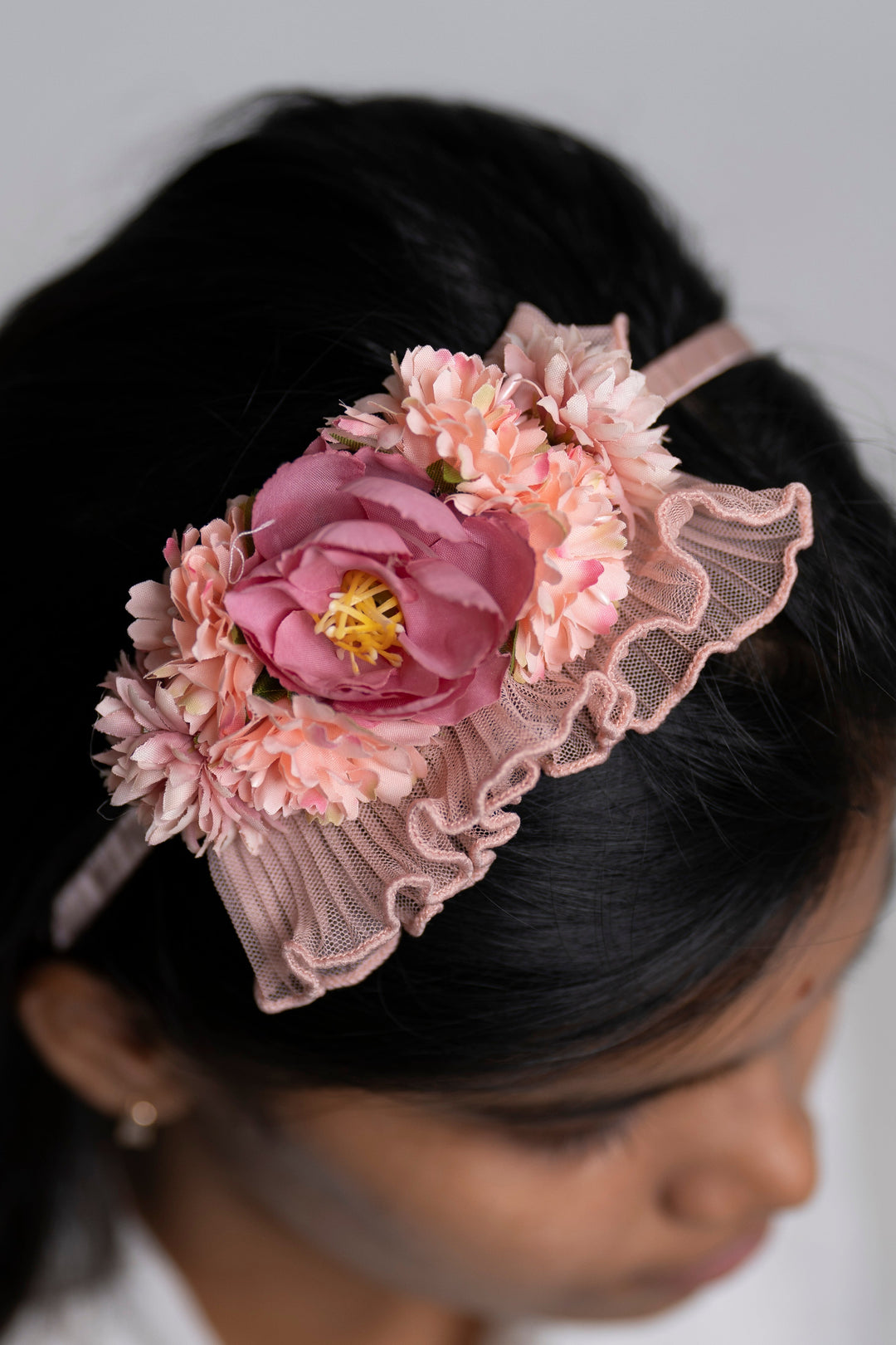 The Nesavu Hair Band Chic Coral Blossom Hairband with Ruffled Lace Detail Nesavu Pink JHB81C Floral Coral Hairband with Lace | Stylish Spring Accessory for All Ages | The Nesavu